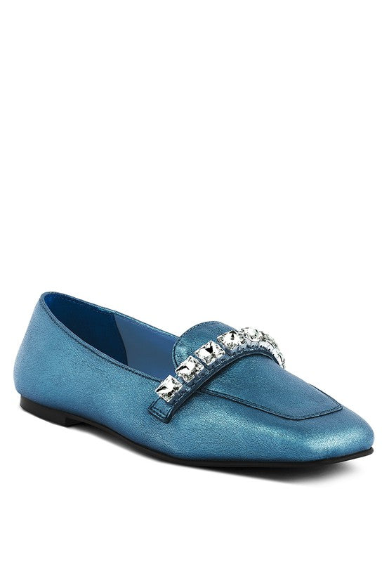 Metallic Diamante Leather Loafers