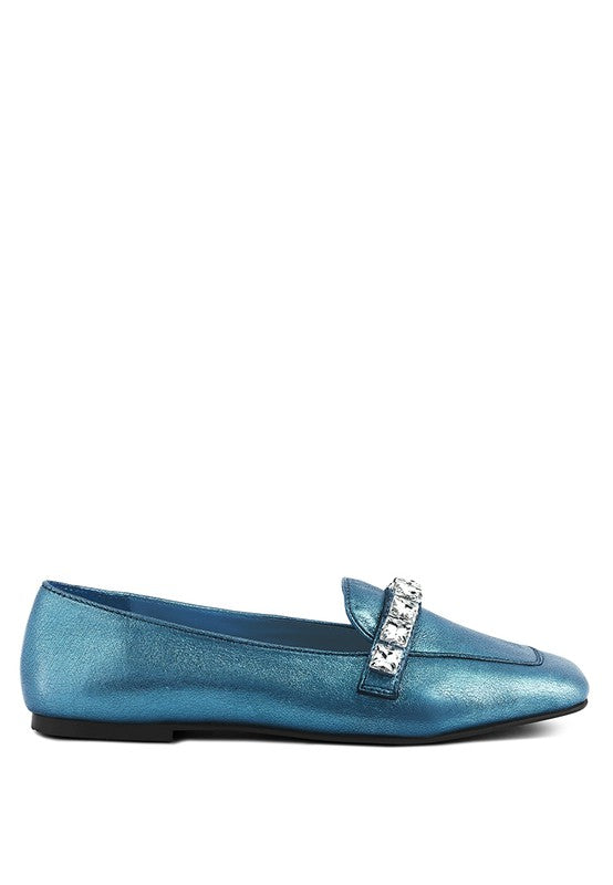 Metallic Diamante Leather Loafers