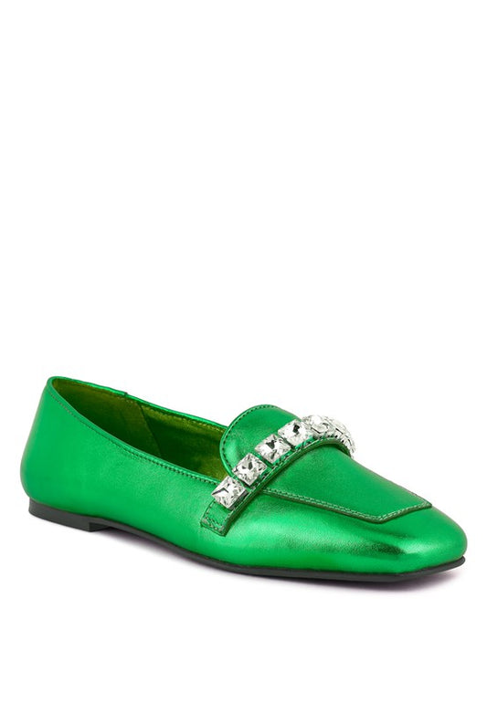 Metallic Diamante Leather Loafers