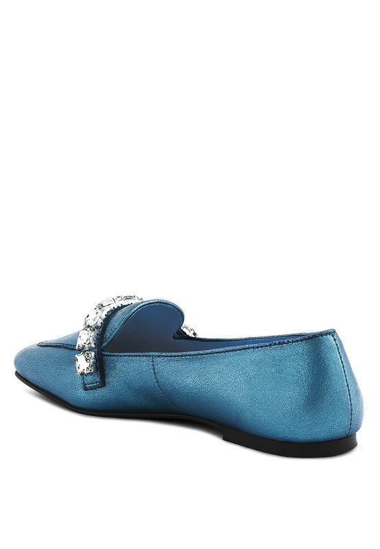 Metallic Diamante Leather Loafers