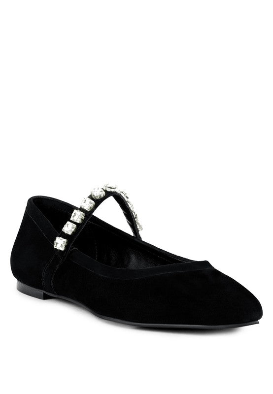 Suede MaryJane Ballet Flats with a slip-on closure and flat heel. Featuring soft leatherette lining, a lightly padded insole for maximum comfort, and a durable rubber outsole. The close pointed toe and big diamante studs add a touch of elegance to these versatile flats. Free shipping on all orders. Shop now!