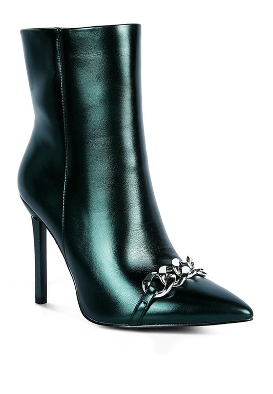 Expertly crafted with metallic PU outer material, these Hologram Stiletto Boots are a must-have for your fall wardrobe. Featuring a pointed toe, stiletto heel, and ankle boot design for a flattering silhouette, along with a durable TPR outer sole. The side zipper and metal chain detail add a touch of edginess to these stylish boots. Free shipping on all orders. Shop now!