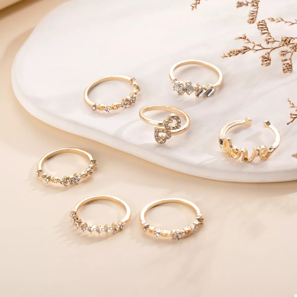 7 Piece 18K Gold-Plated LOVE Zircon Ring Set - alternate ring view