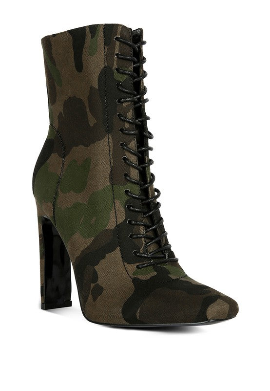 Lace-up ankle boots with a slim block heel and closed square toe, featuring a camouflage design. Made with top-quality materials, these boots include a rubber outsole and lightly padded insole for comfort and support. Convenient side zipper opening for easy wear. Free shipping on all orders. Shop now!