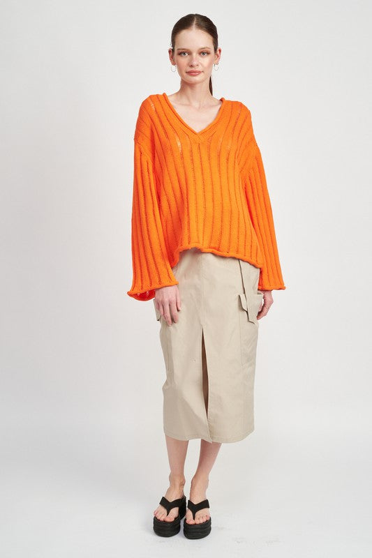 Ribbed V‑Neck Bell Sleeve Sweater