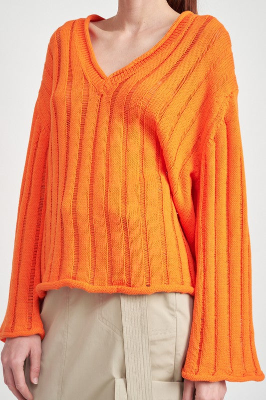 Ribbed V‑Neck Bell Sleeve Sweater