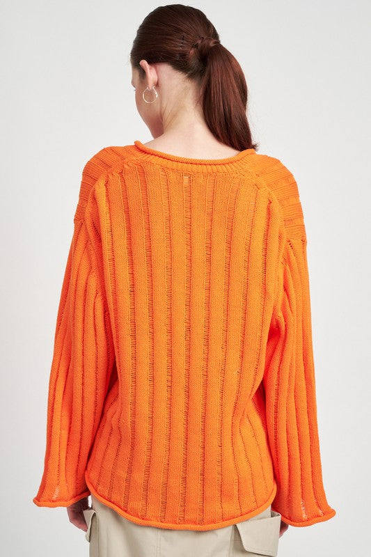 Ribbed V‑Neck Bell Sleeve Sweater