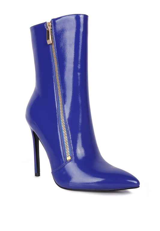 Patent PU boots with a pointed toe and thin high heel, featuring a side zipper for easy wear. Crafted with synthetic lining and TPR outer sole for comfort and durability. Perfect for adding style to any outfit. Free shipping on all orders. Shop now!