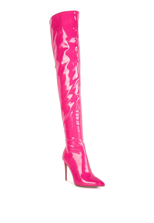 Crafted with a stretch patent PU outer material and synthetic lining, these Knee High Stiletto Boots offer a sleek and chic look. Featuring a closed pointed toe and a 3.5-inch stiletto heel, these boots provide a narrow fit and a knee-length silhouette. Convenient zipper openings at the back and side add functionality. Enjoy free shipping on all orders. Shop now!