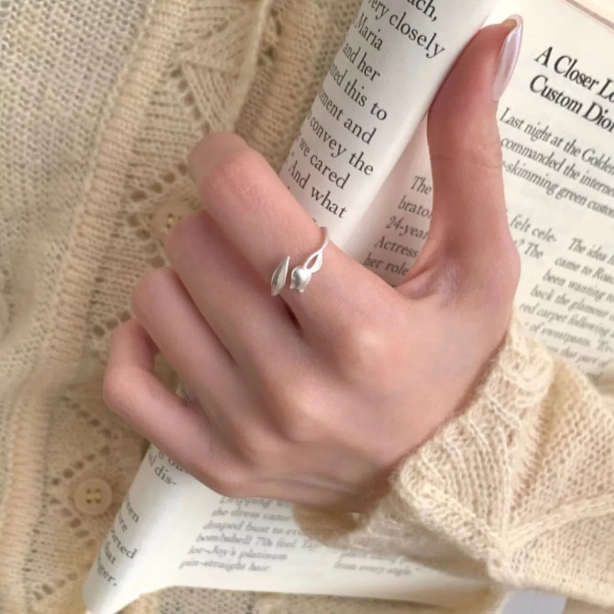 Sterling Silver Flower Bypass Ring - alternate ring view