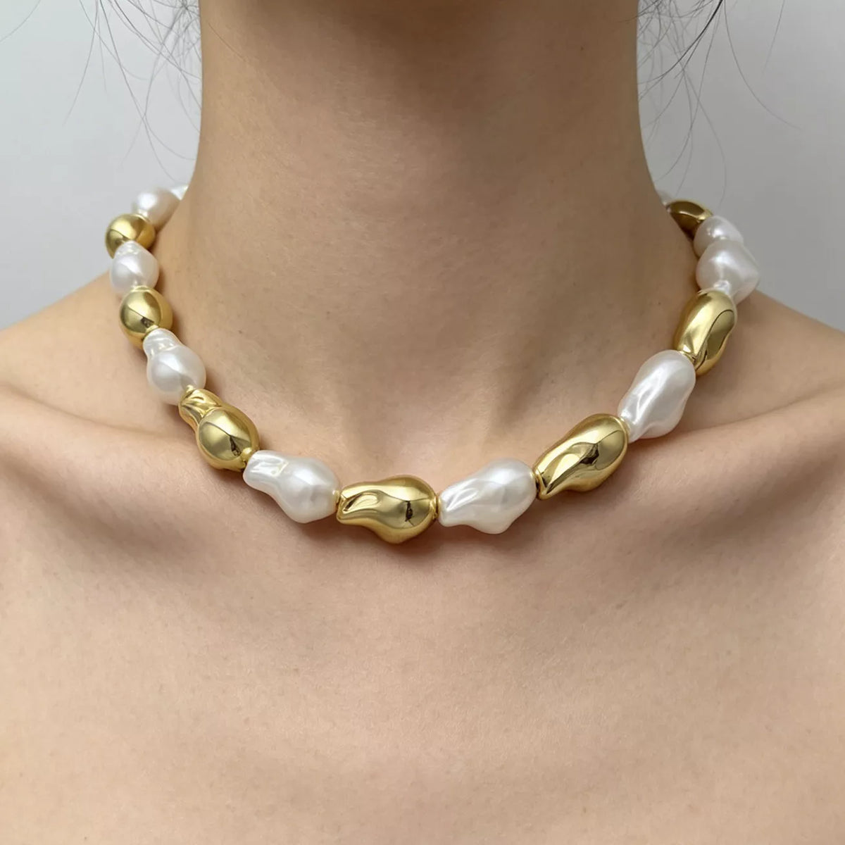 Chic Synthetic Pearl and Gold-Tone Metal Bead Statement Necklace - alternate necklace view