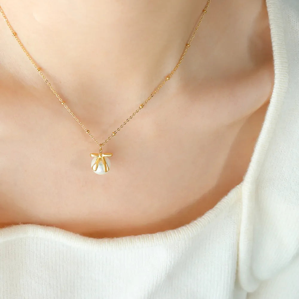 Titanium Steel Bow & Bead Pendant Necklace - alternate necklace view