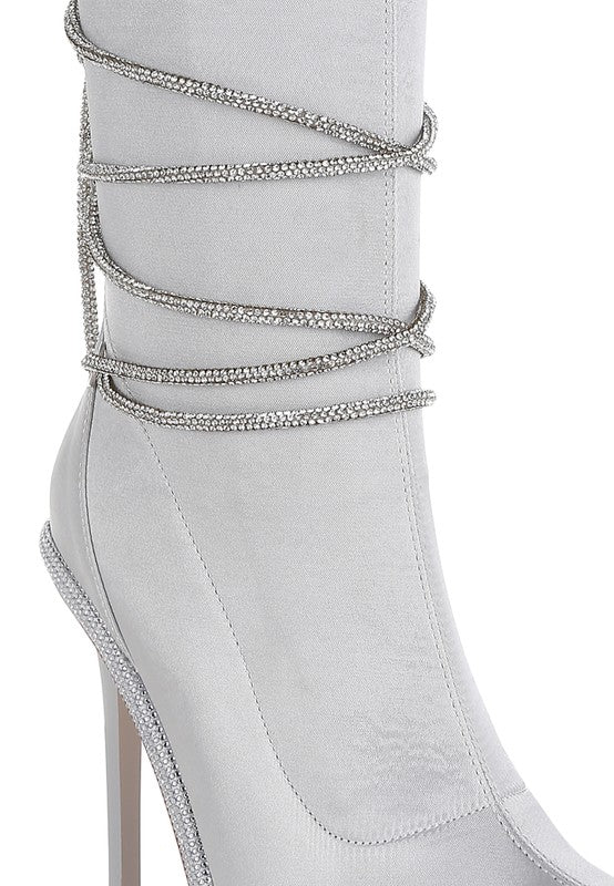 Rhinestones Strap Satin Boots