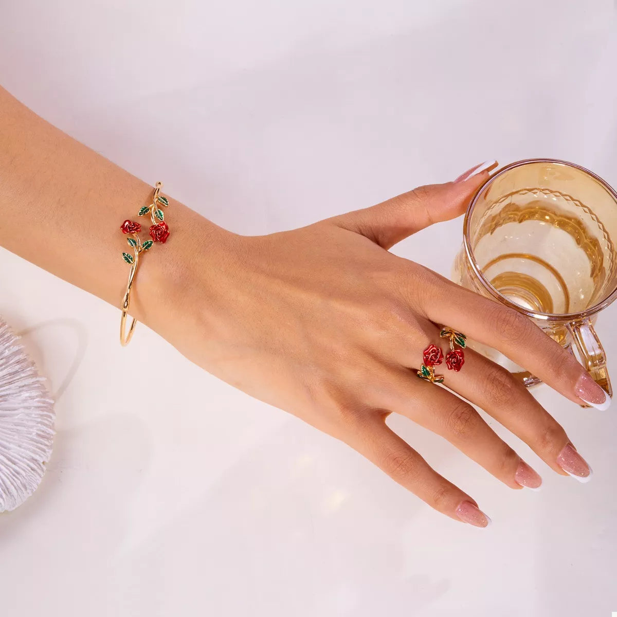 Rose Bypass Ring and Bracelet Set in Rose Gold - women's bracelet and ring set