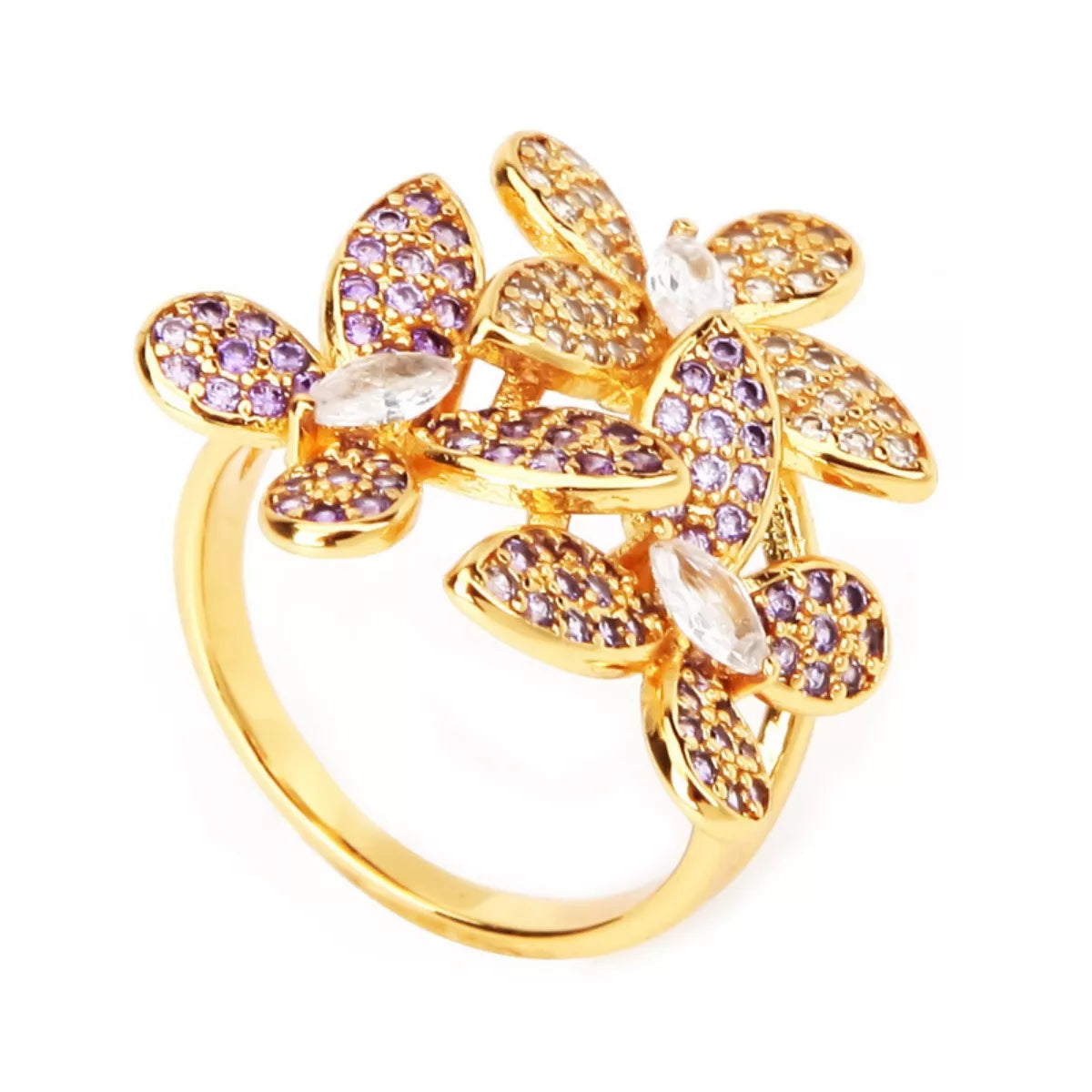 18K Gold-Plated Copper Rhinestone Zircon Flower Ring - alternate ring view
