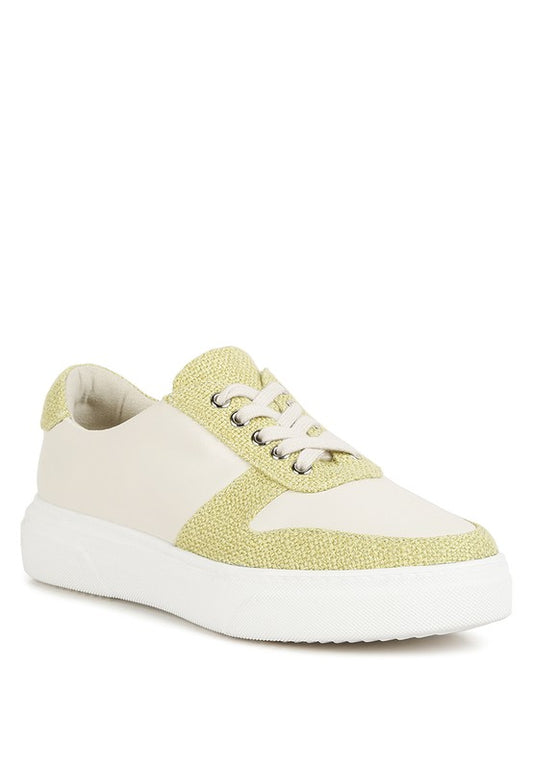 Durable Dual Tone Leather Sneakers crafted with genuine leather and canvas, featuring a rubber outer sole for traction and lace-up detail for a secure fit. The chunky sole and contrasting paneling add a trendy touch, while lightly cushioned insoles ensure all-day comfort. Heel height: 1.7 inches. Free shipping on all orders. Shop now!
