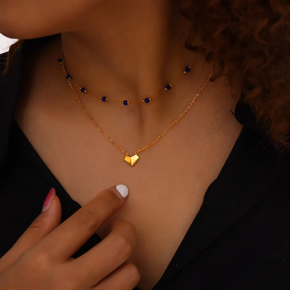 Titanium Steel Section Crystal Double-Layered Necklace in Gold - women's layered necklace