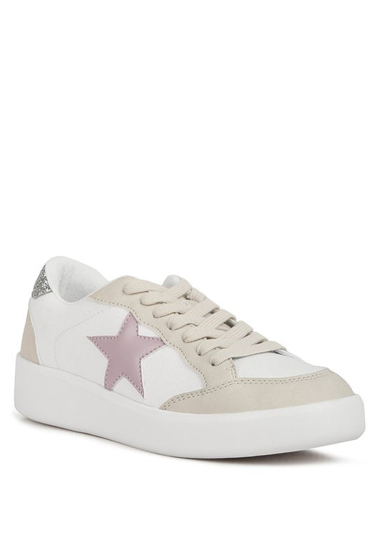 Glitter Star Sneakers featuring durable canvas and faux leather with a rubber sole, star detail, glitter back panel accent, lace-up design, and chunky platform. Lightly cushioned insoles for comfort. Free shipping on all orders. Shop now!