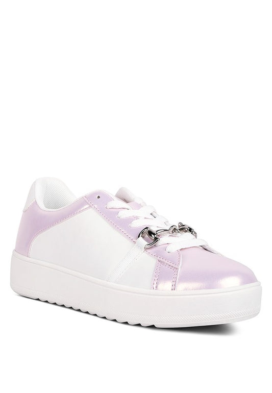 Metallic Faux Leather shoe with a contrasting metallic exterior, horsebit embellishment, and lace-up detail. Chunky platforms for style and stability, rubber sole, and lightly cushioned insoles for comfort. Perfect for adding a touch of shine to any outfit. Free shipping on all orders. Shop now!