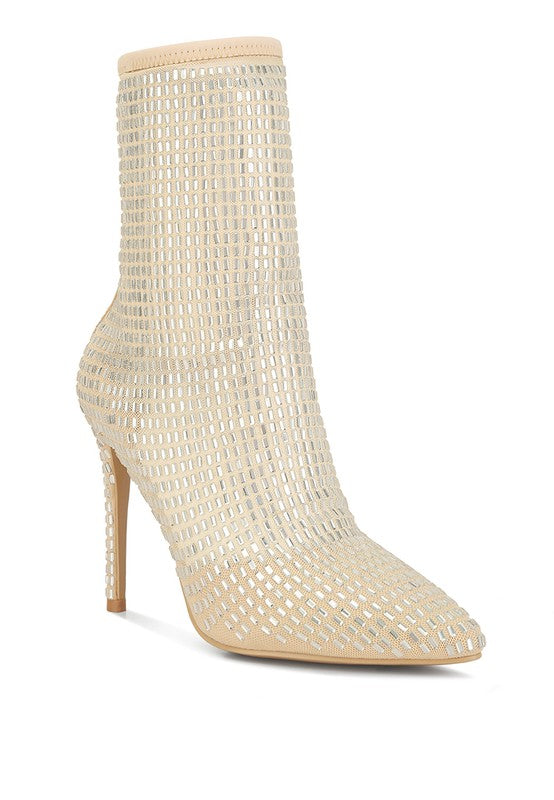 Rhinestones Mesh Boots with a Rhinestones Embellished Mesh upper, closed pointed toe, pin buckle fastening, and high stiletto heels. Features a durable resin outer sole and cushioned insoles for comfort. Free shipping on all orders. Shop now!