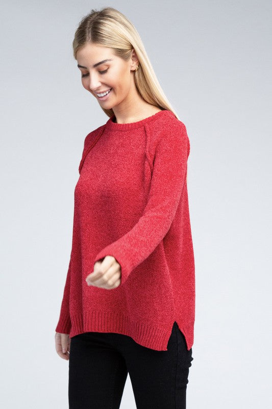 Chenille Side‑Slit Crew Sweater