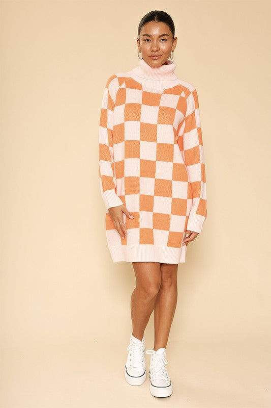 Checkered Turtleneck Sweater Dress