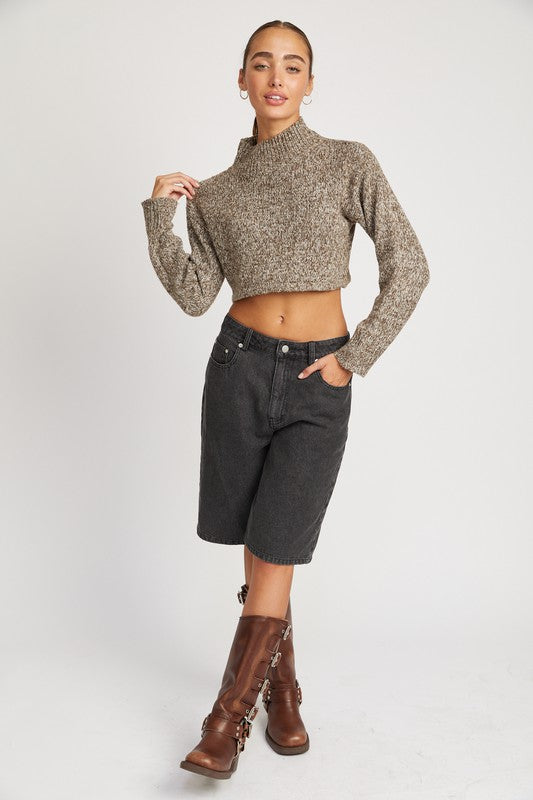 High Collar Knitted Cropped Sweater