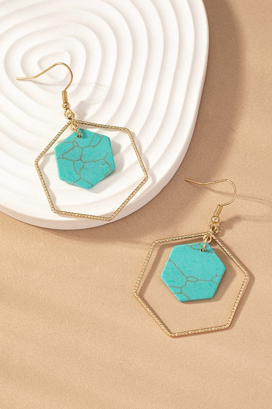 Hexagon Stone Hoop Earrings