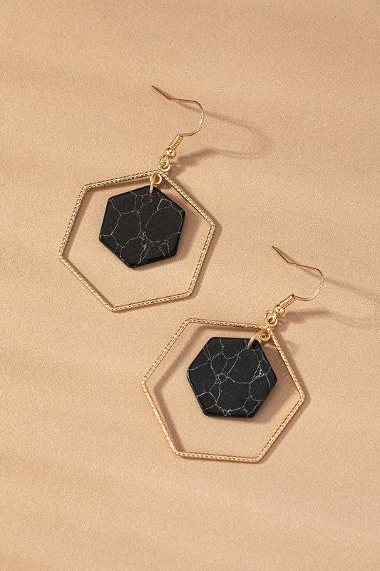 Hexagon Stone Hoop Earrings