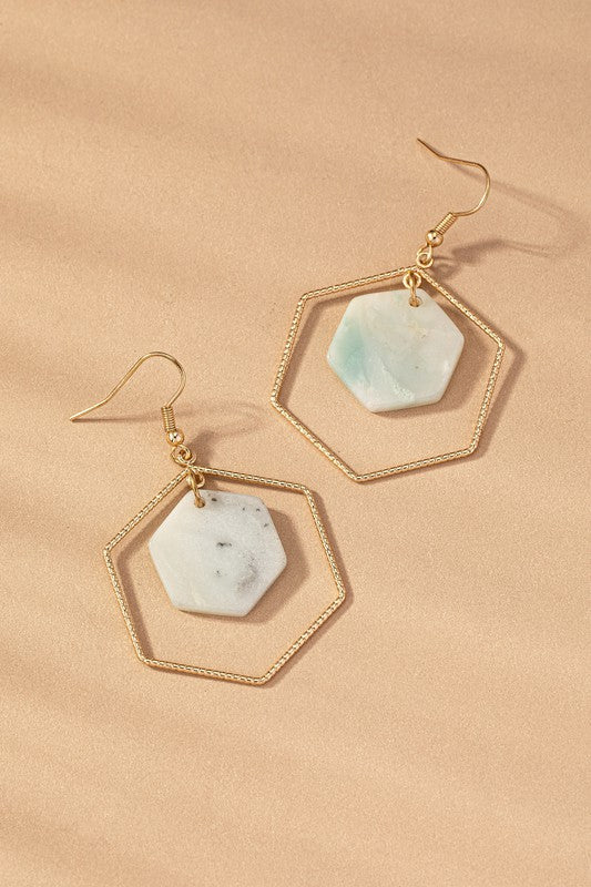 Hexagon Stone Hoop Earrings