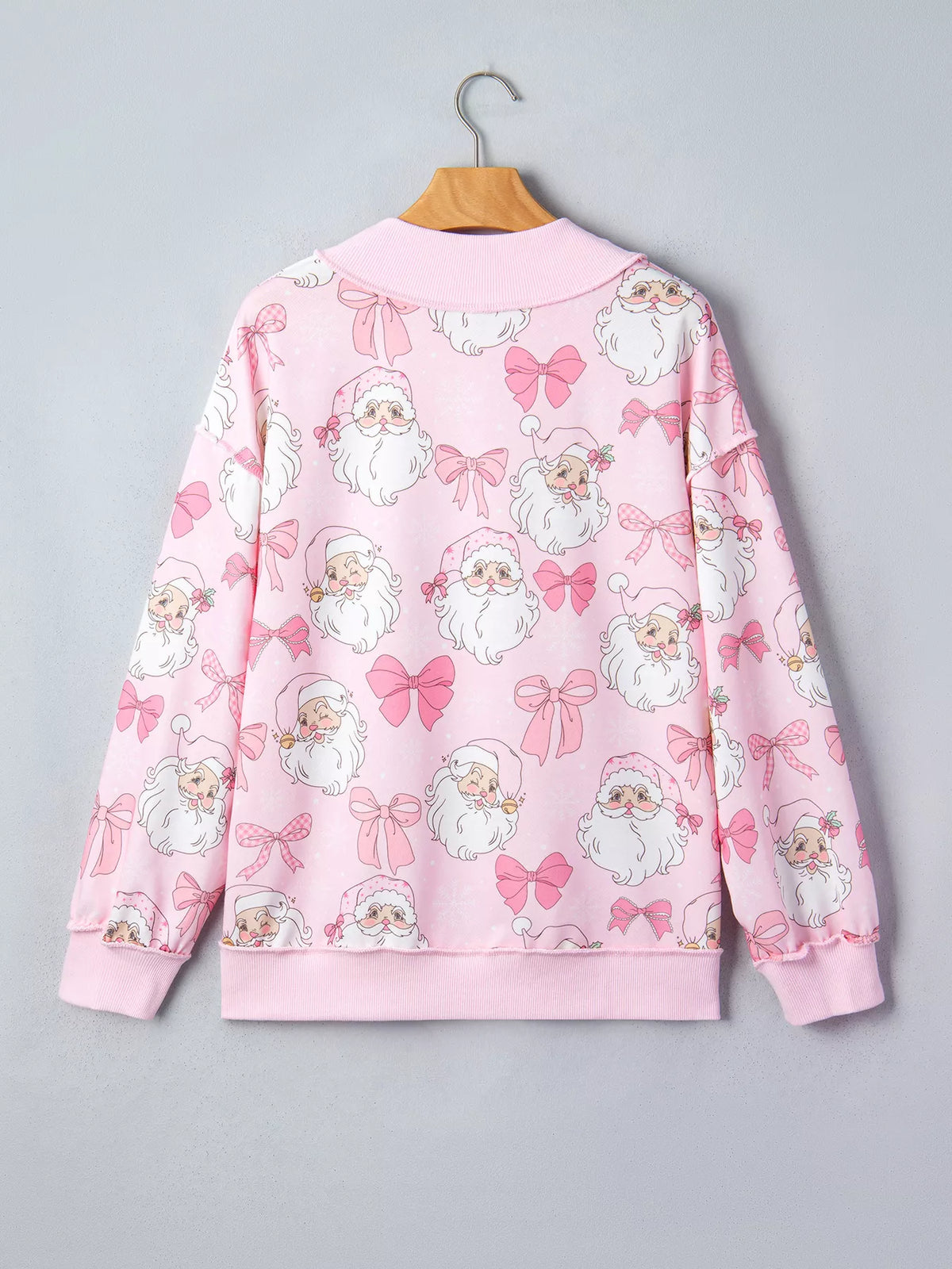 Abstract Santa Print Dropped-Shoulder High-Neck Sweatshirt in Blush Pink - women's sweatshirt