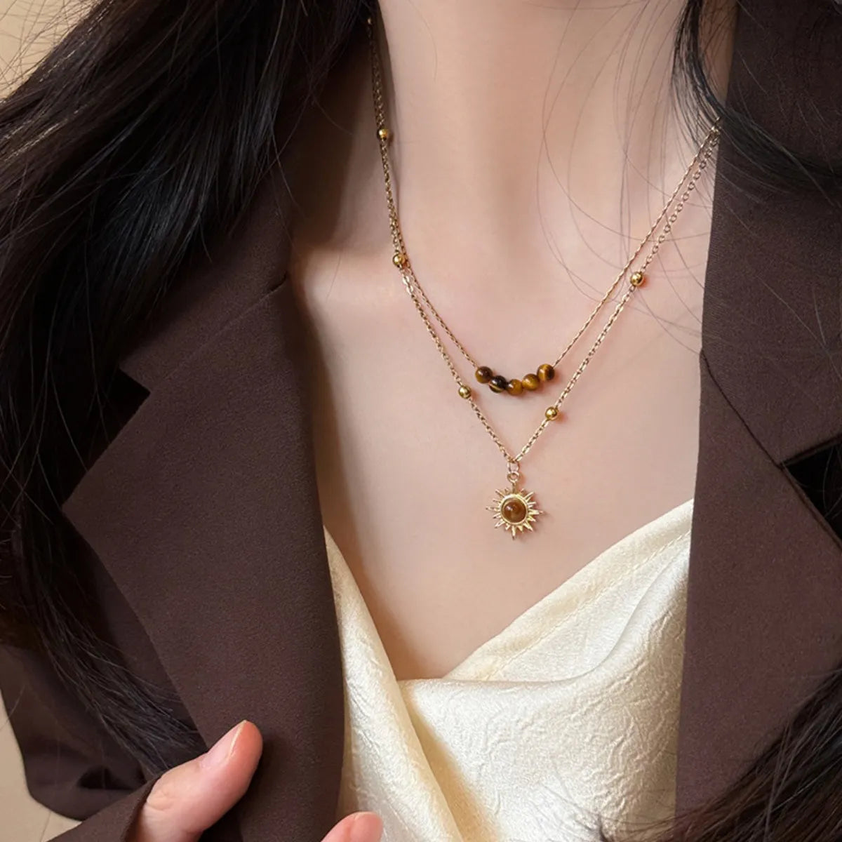 Tiger's Eye Copper Double Layered Necklace - alternate necklace view