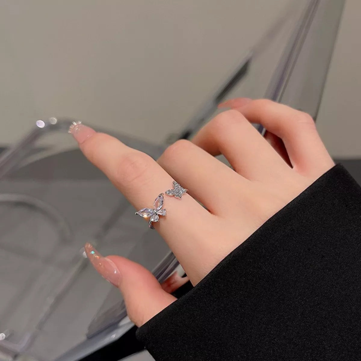 Sterling Silver Zircon Butterfly Open Ring - alternate ring view