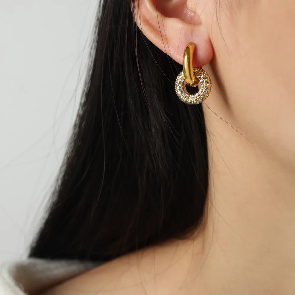 Titanium Steel Inlaid Zircon Double-Hoop Earrings in Gold - women's hoop earrings