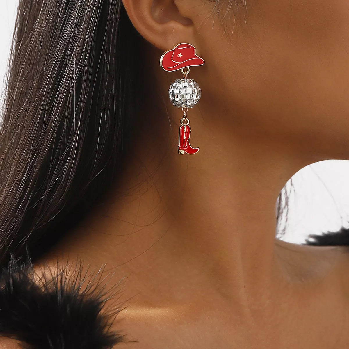 Asymmetrical Cowgirl Boot Hat Ball Dangle Earrings in Pink - women's dangle earrings