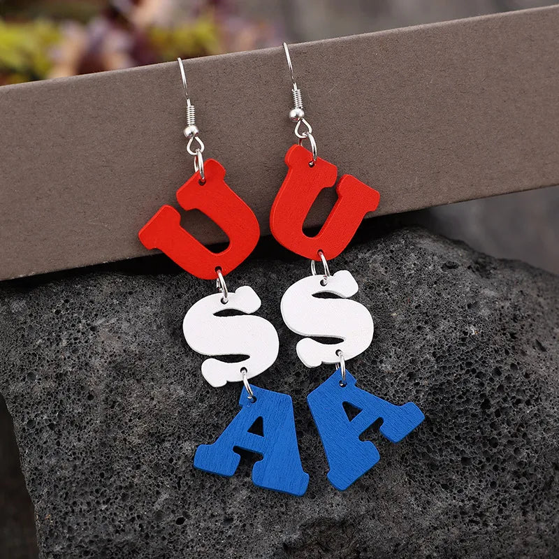 USA Wooden Letter Dangle Earrings - alternate earring view