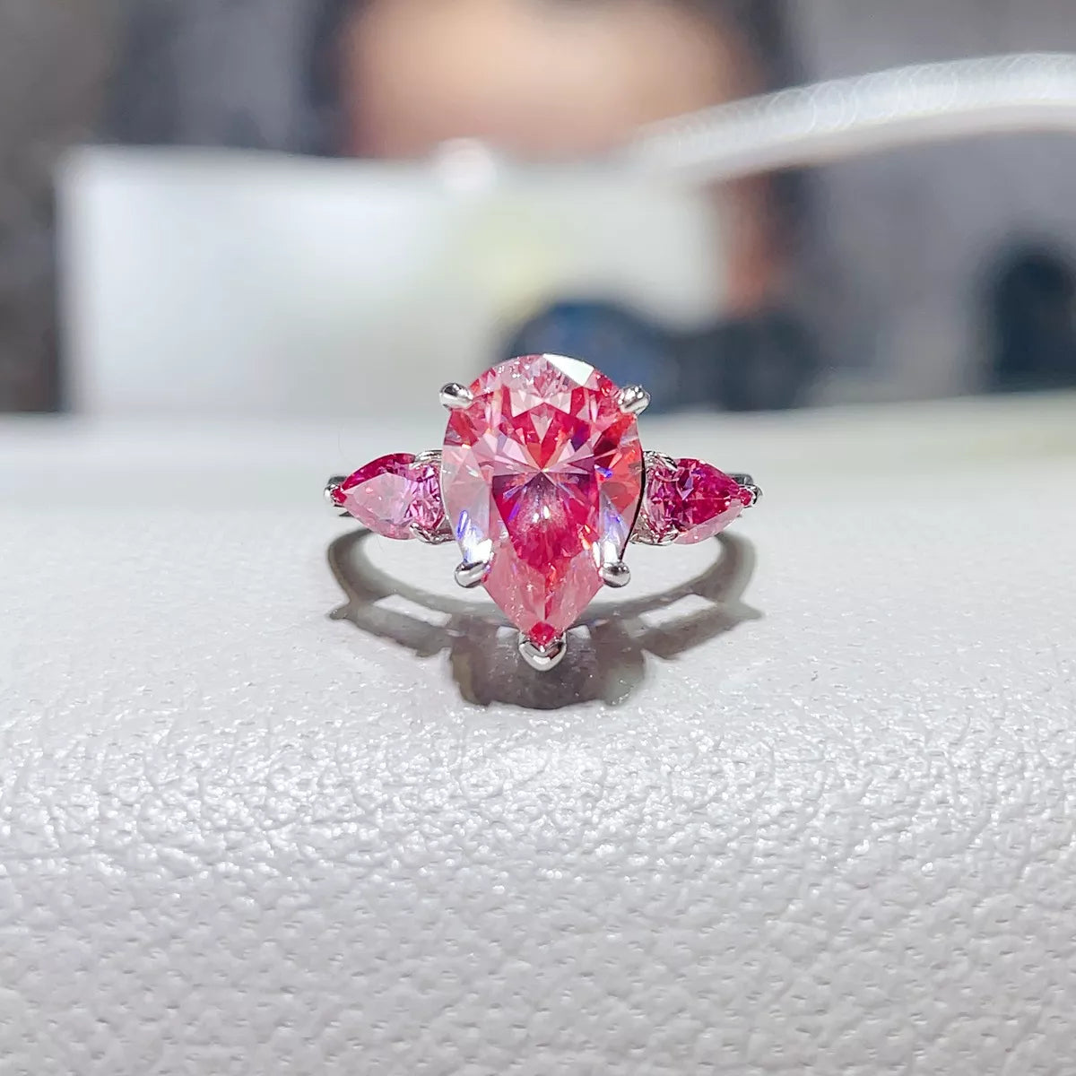 6 Carat Moissanite Sterling Silver Teardrop Ring in Pink - women's ring
