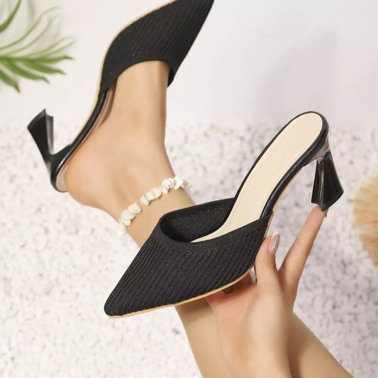 Pointed-Toe Flare Heels Sandals in Black - women's heels