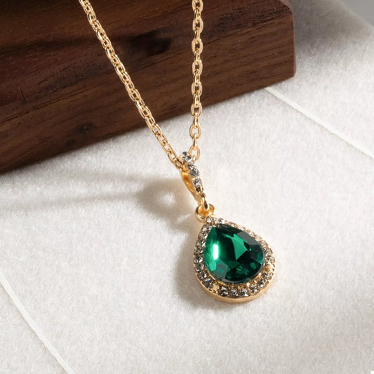 18K Gold-Plated Teardrop Pendant Necklace in Dark Green - women's pendant necklace