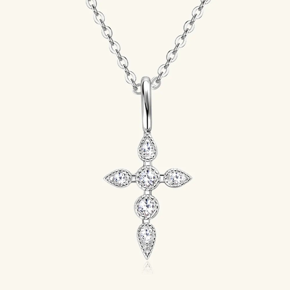 Sterling Silver Moissanite Cross Pendant Necklace - alternate necklace view