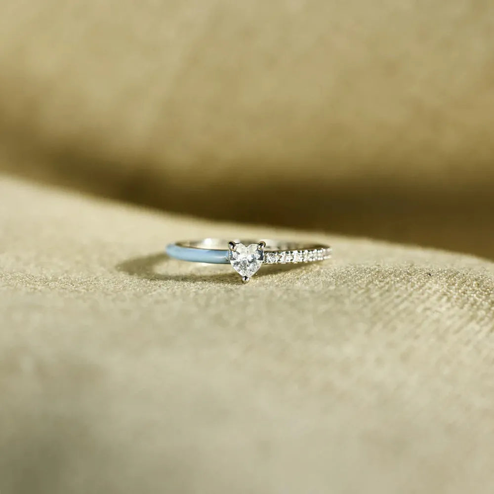 Heart Shape Inlaid Zircon Enamel Ring in Light Blue - women's ring