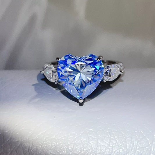 6 Carat Sterling Silver Moissanite Heart Ring in Blue - women's ring