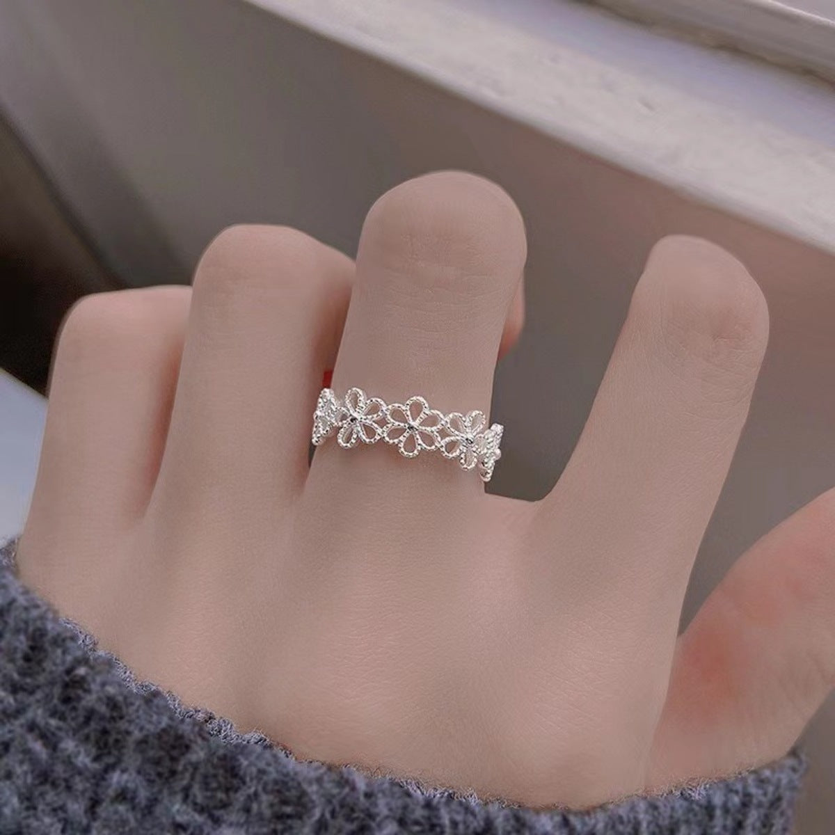 Floral Adjustable Open Ring - alternate ring view
