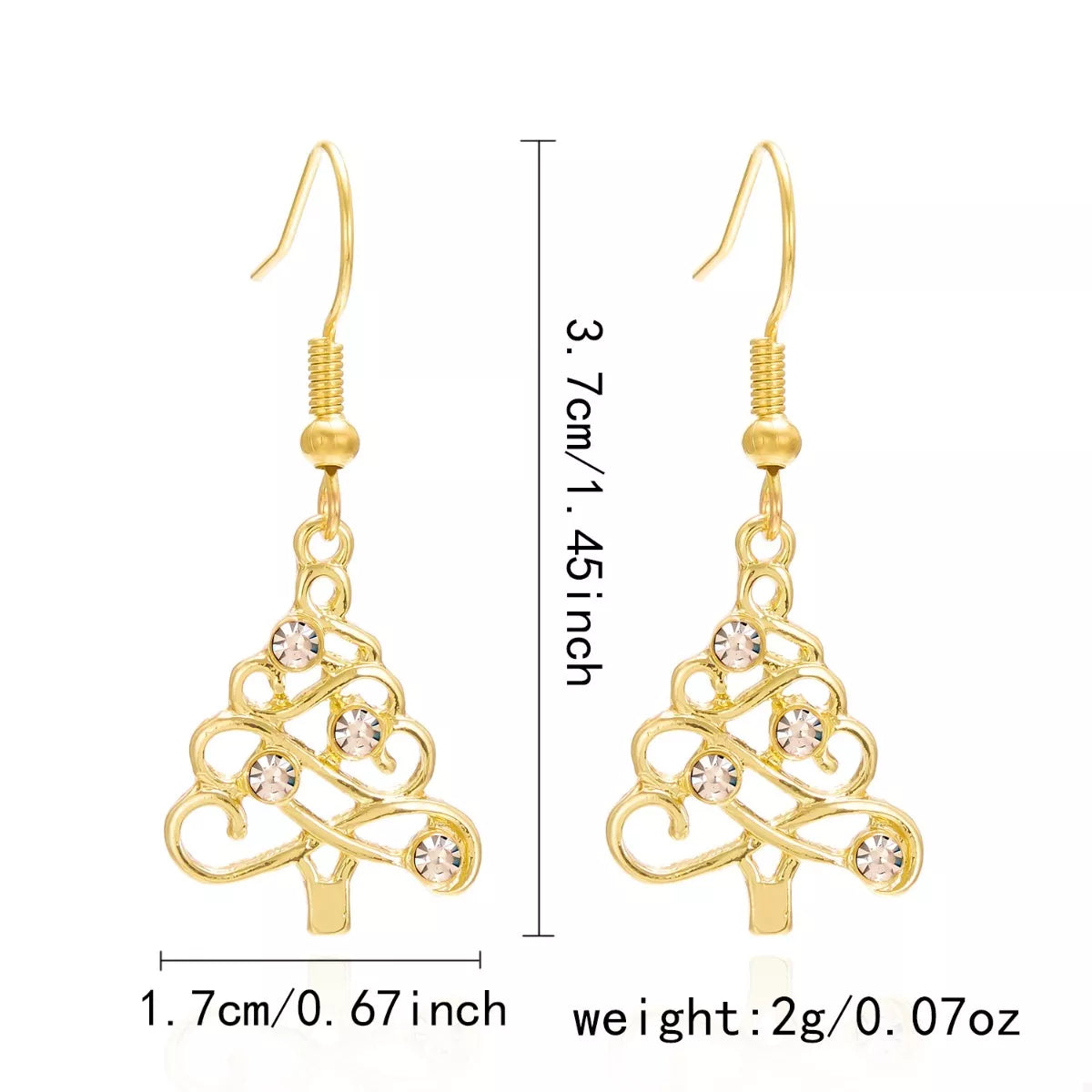 18K Gold-Plated Rhinestone Christmas Tree Dangle Earrings - alternate earring view