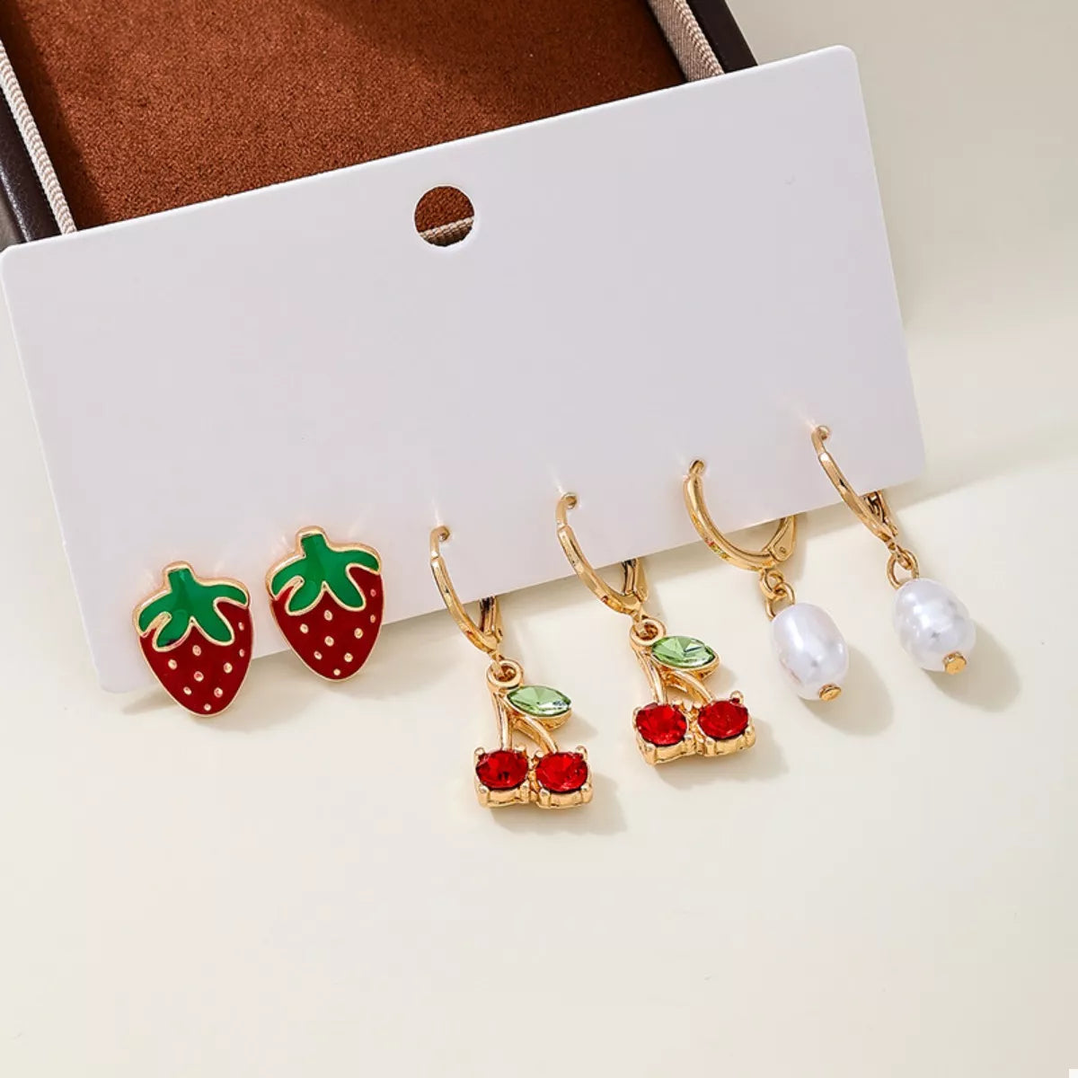 3 Piece 18K Gold-Plated Strawberry Cherry and Pearl Earrings - alternate earring view