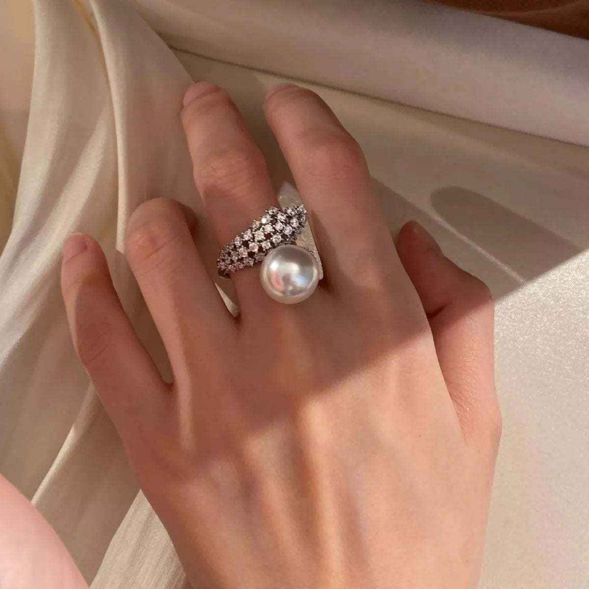 Sterling Silver Pearl Bypass Ring in Silver - women's ring