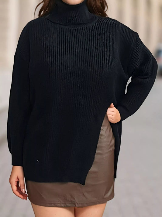 Plus Size Side Slit Ribbed Turtleneck Sweater in Black - women's turtleneck sweater