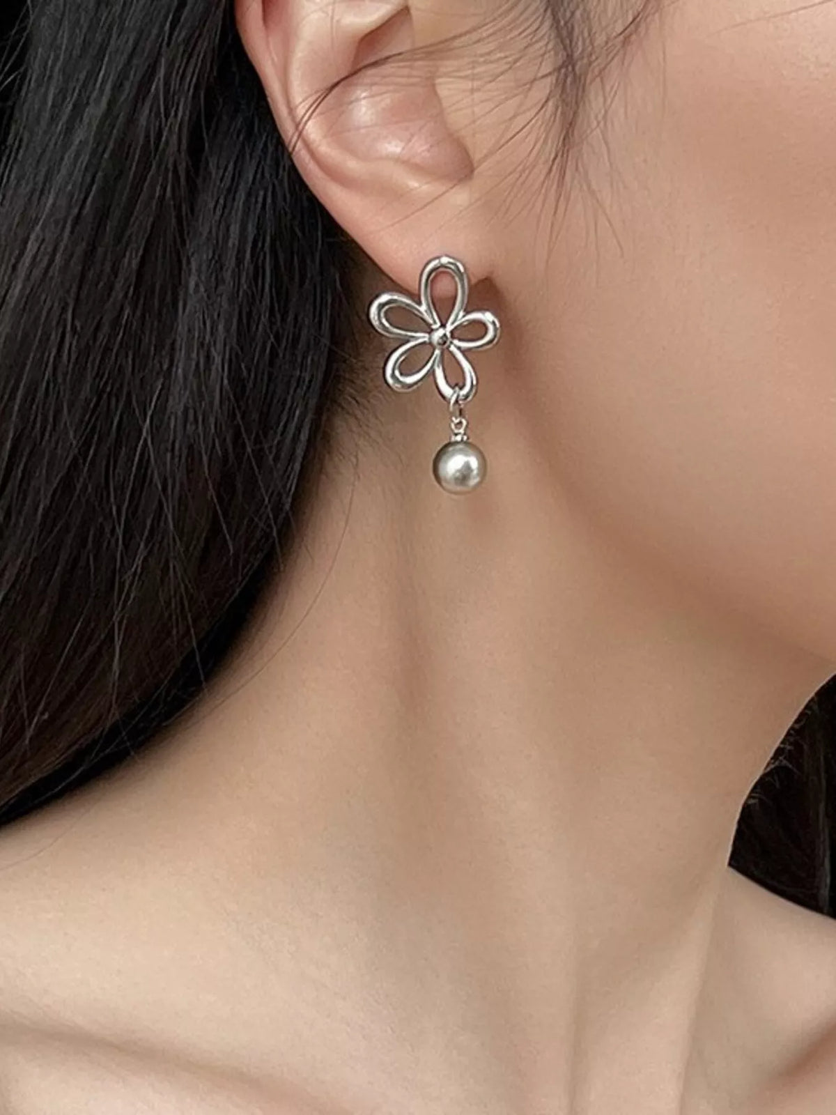 Flower Pearl Drop Earrings - alternate earring view