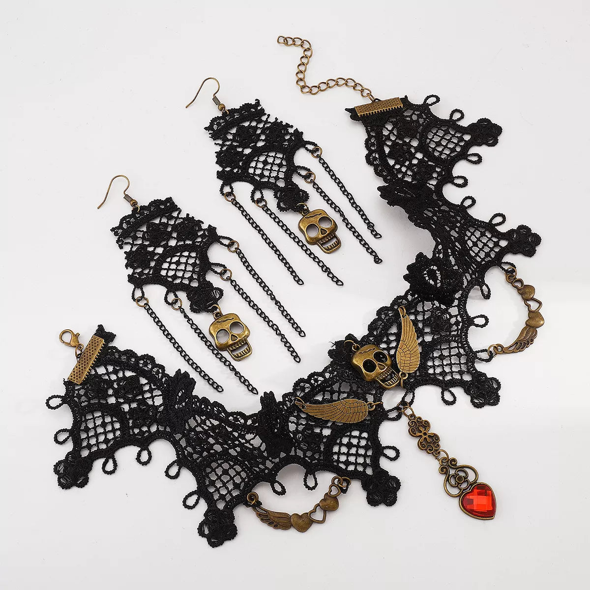 Halloween Lace Skull Necklace and Earrings Set - alternate necklace view