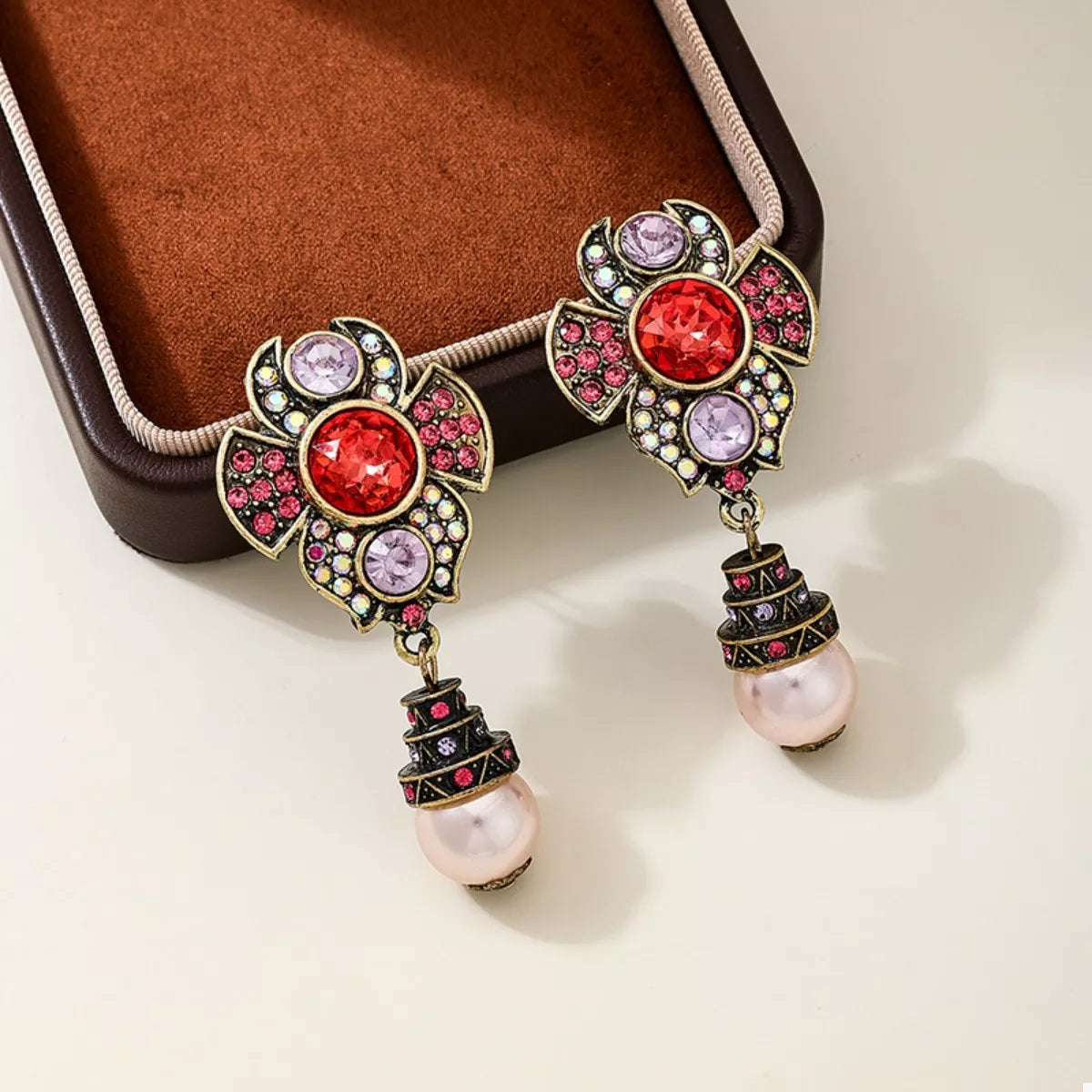 Zinc Alloy Flower Pearl Drop Earrings - alternate earring view